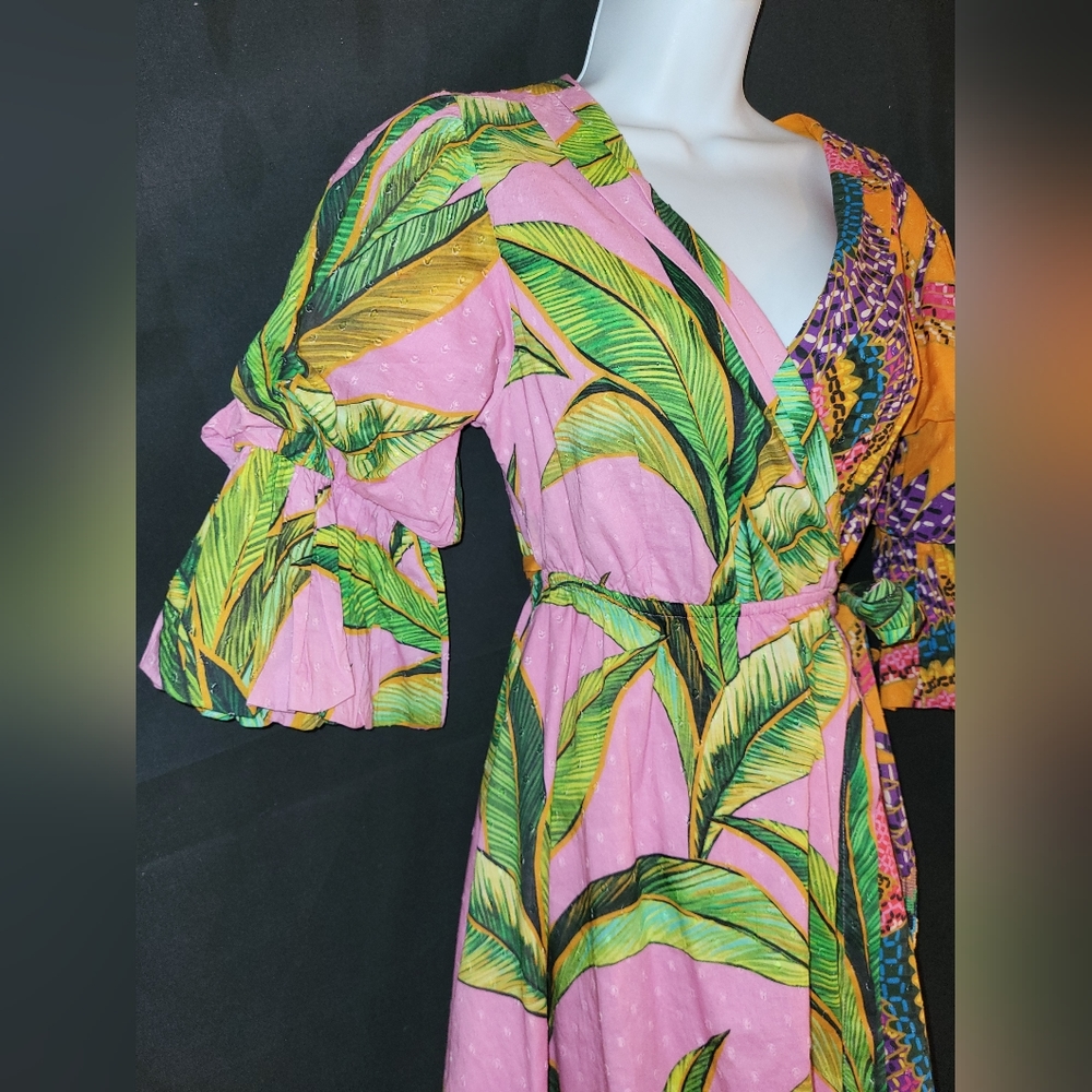 NWT Farm Rio "Mixed Print" Palm Fronds/Macaws Mini Wrap Dress sz.XS MSRP $185